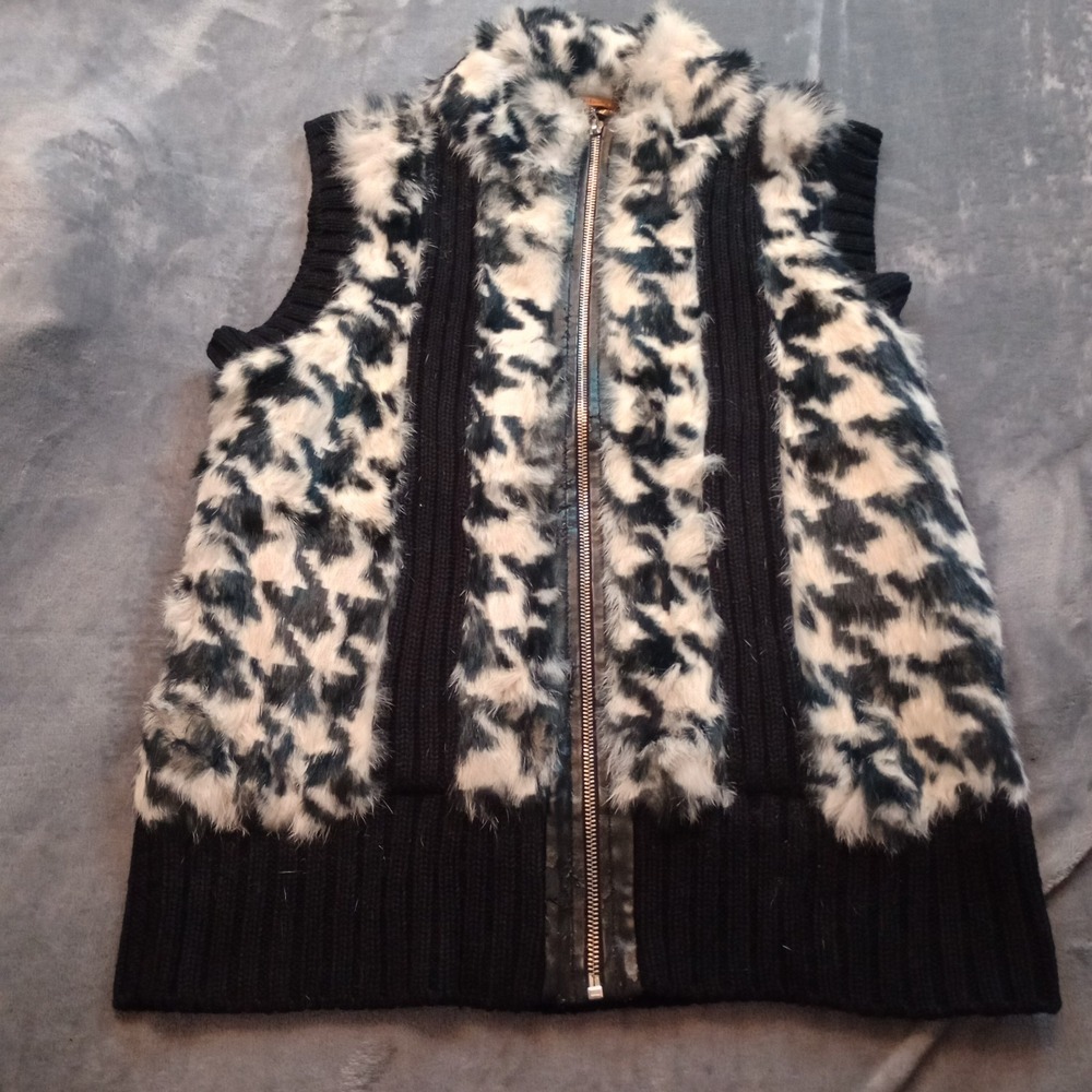 Belldini Faux Fur Vest Womens Large Houndstooth Full Zip Knit Mob Wife Fuzzy
